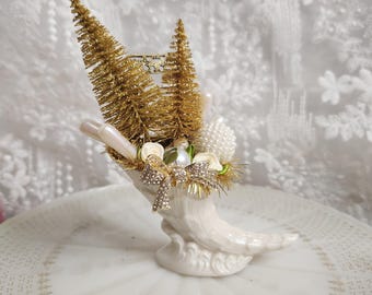 Mid Century Style Gold Cornucopia Decor - Assemblage Art with White Ribbon Roses & Pearl Beads - Whimsical Tiered Tray Decor