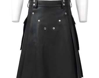 Zwarte schapenvachtleren kilt | Gotische geplooide utility-kilt met zakken