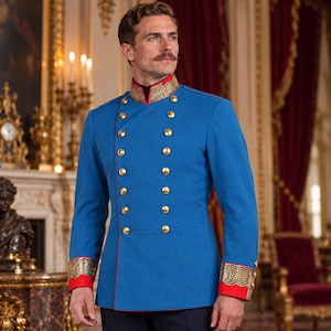 May include: A bright blue military-style jacket featuring a high mandarin collar with gold embroidery, double-breasted gold buttons, and red trim. The cuffs are accented with red fabric and intricate gold embroidery, creating a structured look.