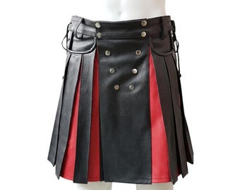 Falda escocesa de cuero genuino de vaca para hombre – Falda utilitaria de gladiador roja y negra estilo guerrero