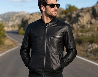 Schwarze Leder Bomberjacke für Herren Echte Bikerjacke für Herren
