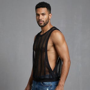 Men Mesh Tank Top, Breathable Sleeveless Shirt, Lightweight Summer Vest, See Through Gym Top, Casual Streetwear Tank, Modern Fit Top Black