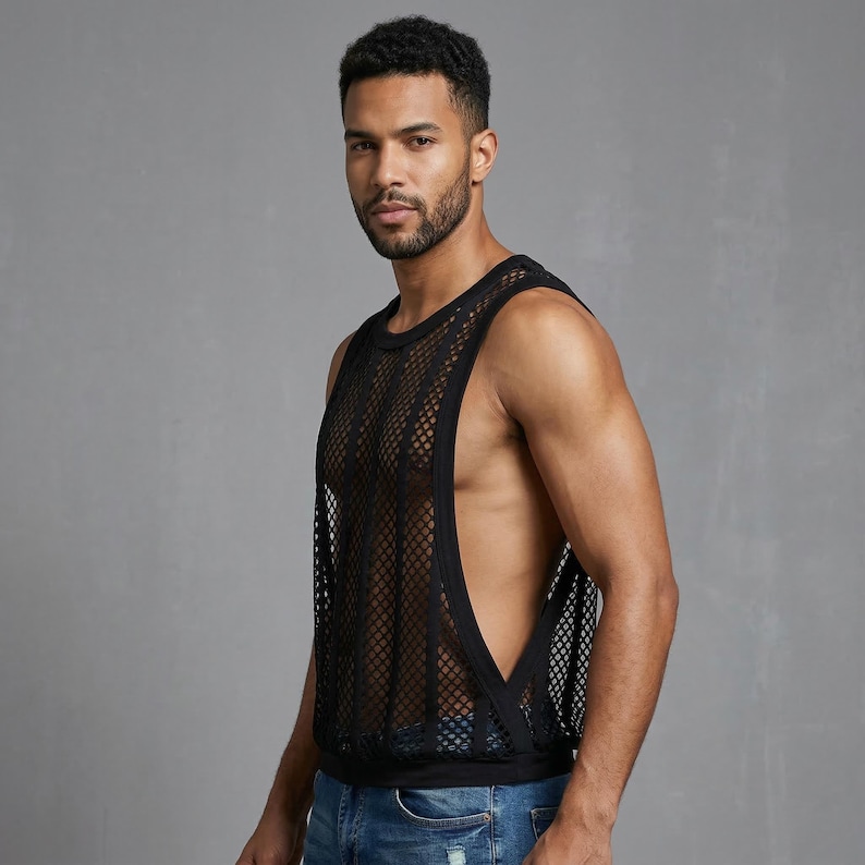 Men Mesh Tank Top, Breathable Sleeveless Shirt, Lightweight Summer Vest, See Through Gym Top, Casual Streetwear Tank, Modern Fit Top Black