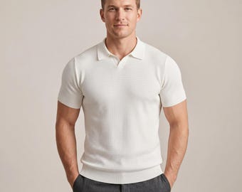 Men's Textured Ribbed Knit Polo Shirt, Slim Fit Summer Top