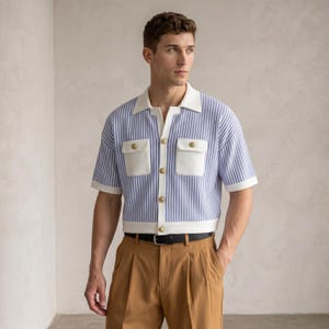 Può includere: Camicia a righe blu e bianca a maniche corte, con colletto e tasche bianche. Bottoni dorati. Indossata con pantaloni marroni a pieghe e cintura nera. Misure in centimetri.