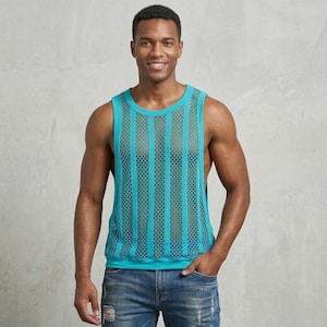 May include: A turquoise mesh tank top with vertical stripes. The tank top has a round neckline and a solid turquoise hem. The person is wearing blue jeans.