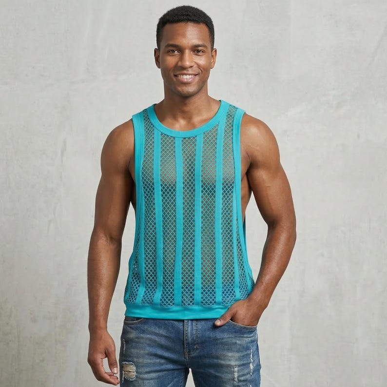 May include: A turquoise mesh tank top with vertical stripes. The tank top has a round neckline and a solid turquoise hem. The person is wearing blue jeans.