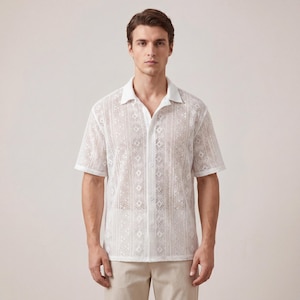 Men Mesh Shirt See Through Shirt Lace Button Up Shirt Summer Beach Shirt Breathable Casual Shirt Sheer Men Top Clubwear Shirt