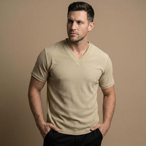 May include: A tan short-sleeved V-neck shirt with a ribbed texture. The shirt is worn with black trousers. The model is standing in front of a neutral background.