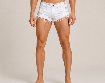 Men's Distressed Denim Lace-Up Shorts, Frayed Raw Edge, Low Rise Y2K Festival Clubwear
