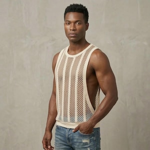Men Mesh Tank Top, Breathable Sleeveless Shirt, Lightweight Summer Vest, See Through Gym Top, Casual Streetwear Tank, Modern Fit Top Apricot