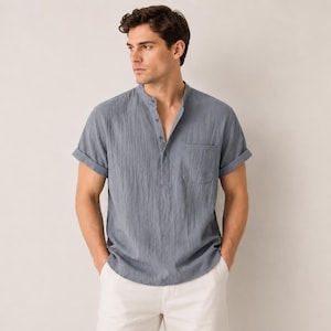 Men’s Mandarin Collar Shirt, Short Sleeve Textured Henley, Casual Summer Beach Top with Pocket