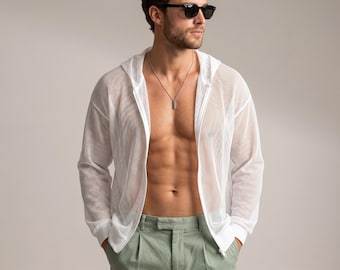 Mens Mesh Hoodie, Fishnet Zip Up Hoodie, Sheer Summer Top, Breathable See Through Shirt, Festival Rave Wear, Beach Cover Up