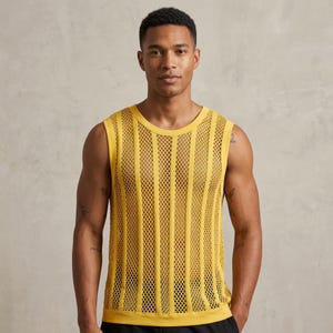 Men Mesh Tank Top, Breathable Sleeveless Shirt, Lightweight Summer Vest, See Through Gym Top, Casual Streetwear Tank, Modern Fit Top Yellow