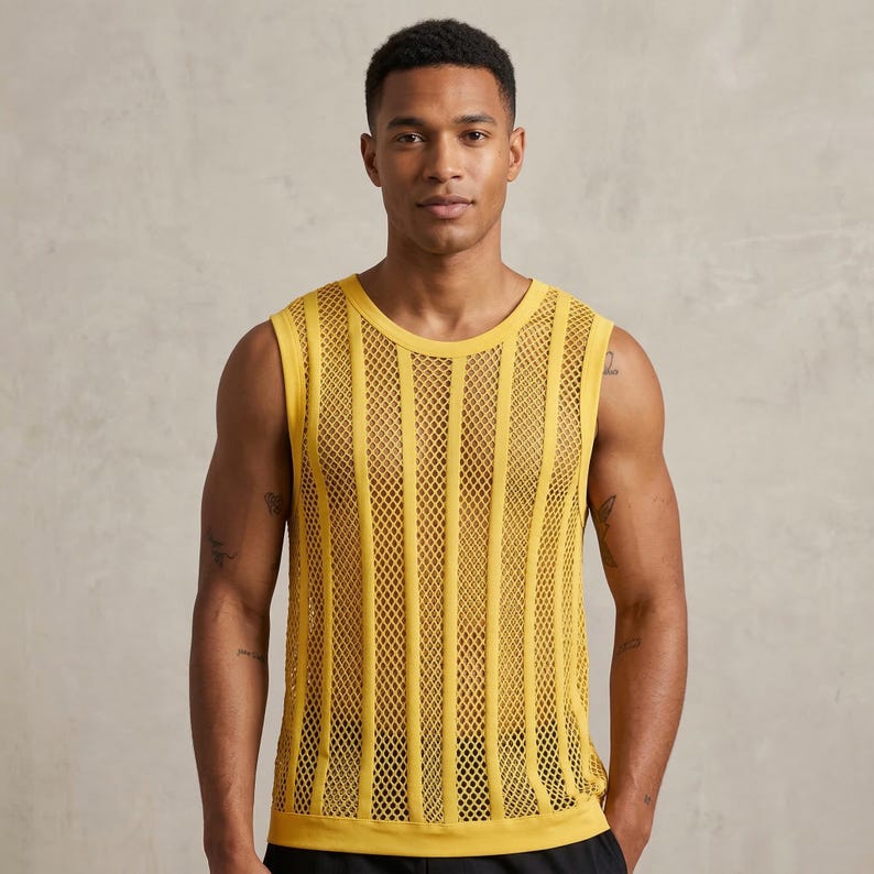 Men Mesh Tank Top, Breathable Sleeveless Shirt, Lightweight Summer Vest, See Through Gym Top, Casual Streetwear Tank, Modern Fit Top Yellow