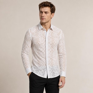 mens sheer white dress shirt Men's Gothic Stand Collar Embroidered Sheer Chiffon Shirt White Punk Design