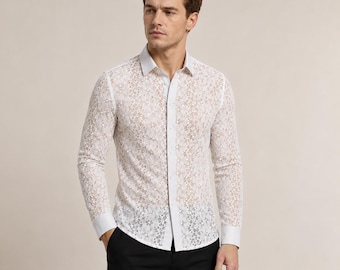 Men's Floral Lace Sheer Button-Up Shirt, Long Sleeve Clubwear Evening Top
