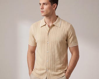 Men's Vintage Knit Polo Shirt, Short Sleeve Button Up Summer Top