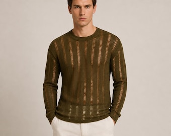 Men's Crochet Knit Sweater, Open Knit Pullover, Lightweight Summer Top