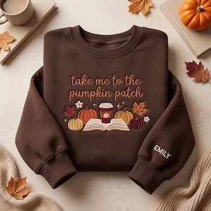 Custom Name Embroidered Pumpkin Spice Crewneck, Cozy Fall Coffee Book Design, Personalized Autumn Gift For Women Readers and Librarians