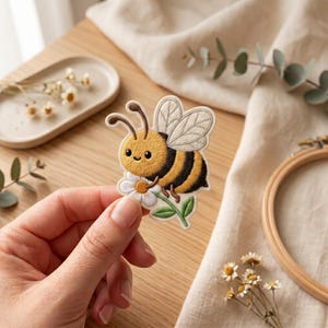 May include: An embroidered patch featuring a cartoon bee with yellow and black stripes, light gray wings, and two antennae. The bee is holding a small white daisy flower with a yellow center and a green stem with two leaves attached to the bottom.