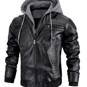 Chaqueta de cuero sintético para hombre, chaqueta de motocicleta, impermeable, a prueba de viento, de PU, estilo bombardero vintage con capucha extraíble