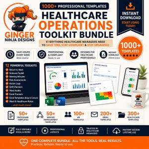 Op de afbeelding: Een digitaal pakket genaamd Healthcare Operations Toolkit Bundle van Ginger Ninja Designs, met 1000+ professionele sjablonen voor zorgmanagers. Bevat een laptop met een dashboard, geprinte documenten, een smartphone met een dienstrooster en een mok met de tekst Organise Plan Deliver Better Care.