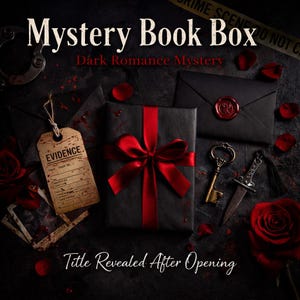 May include: A black gift box with a red ribbon, a key, and a dagger are displayed on a dark surface. The words "Mystery Book Box" and "Dark Romance Mystery" are at the top. A tag that says "Evidence" is also visible. The text "Title Revealed After Opening" is at the bottom.