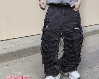 Black Ripped Jeans | Baggy Wide Leg Pants | Retro Y2K Street Style