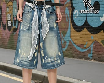 Washed Denim Jorts | Cropped Wide Leg Shorts | Daily Wear | Y2K Streetwear Style