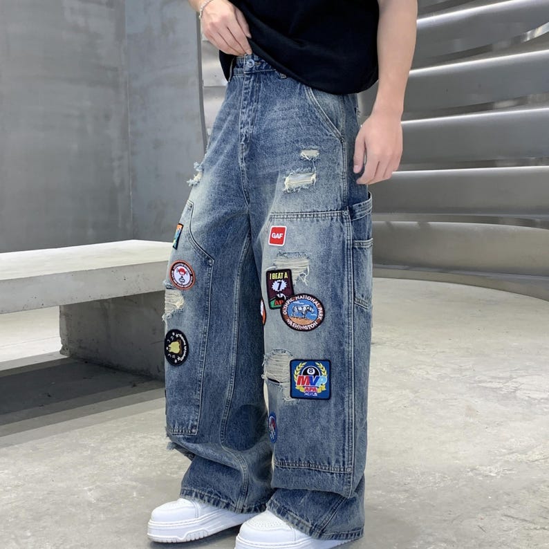 Embroidered Ripped Jeans | Denim Wide Leg Pants | Daily Wear | Retro Casual Streetwear

Distressed wide leg denim pants with embroidered patches, ripped details, and retro streetwear style.