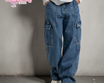 Men's Oversized Cargo Pants | Baggy Loose Fit Denim Jeans | Streetwear Utility Urban Trousers