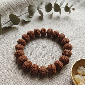 Può includere: Un braccialetto di perline marroni composto da perline rotonde e strutturate. Il braccialetto è circolare e poggia su una superficie strutturata di colore neutro. È presente anche una piccola ciotola dorata con cristalli chiari e un rametto di verde.