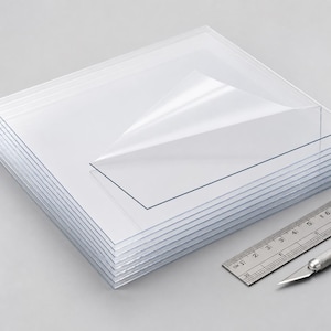 May include: A pile of clear, transparent plastic sheets, with a protective film partially peeled away. A metal ruler and a craft knife are placed to the right, indicating a crafting or cutting application.