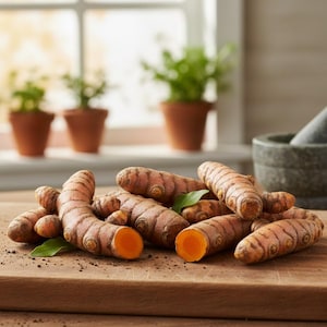 May include: A close-up of fresh turmeric roots, some sliced to reveal the vibrant orange interior. The turmeric is arranged on a wooden cutting board, with a few green leaves scattered among them. Small potted plants are visible in the background.
