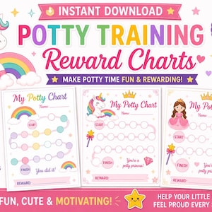 May include: A digital download featuring three potty training reward charts with unicorn, rainbow, and princess designs. The charts are designed to make potty training fun and rewarding for toddlers and preschoolers. Includes the text "Instant Download".