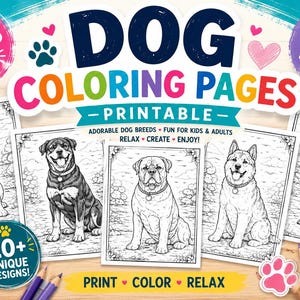 Puede incluir: Páginas para colorear de perros imprimibles con adorables razas de perros. Incluye más de 20 diseños únicos para que niños y adultos impriman, coloreen y se relajen. La imagen incluye lápices de colores y el texto "Instant Download PDF".