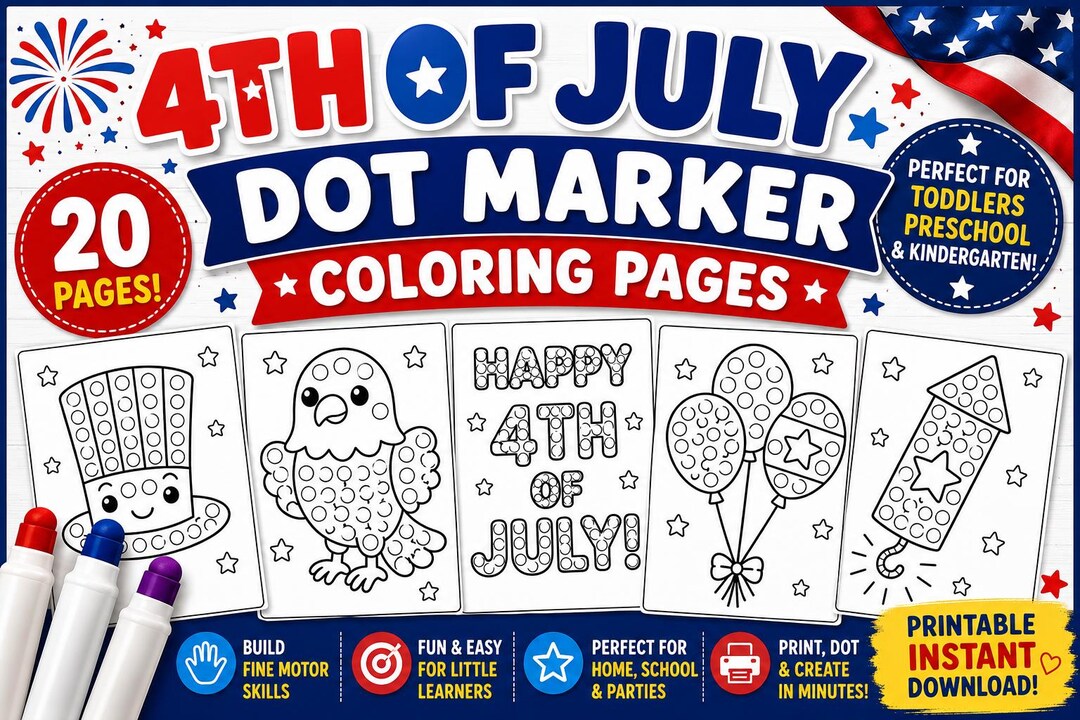4th of July Fun Dot Coloring Pages: Printable PDF Activity Sheets ...