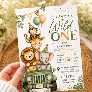 Invito per il primo compleanno a tema safari "Wild One" / Animali della giungla modificabili (file digitale 5x7")