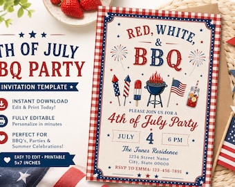 May include: A 5x7 inch 4th of July BBQ party invitation template featuring red, white, and blue colors. The design includes illustrations of fireworks, a grill, an American flag, and a drink, with text reading Red, White, & BBQ and 4th of July Party.