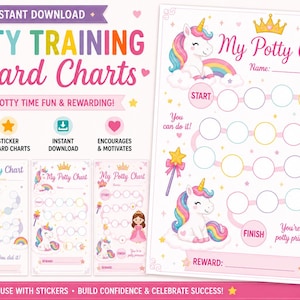 May include: Potty training reward charts with unicorn and rainbow designs. The charts are pink and white with text that says "My Potty Chart" and "You can do it!" Includes stickers and is printable.