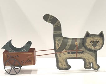 Signed Tin Folk Art Cat Pull Toy – Whimsical Fresh Fish Cart Sculpture