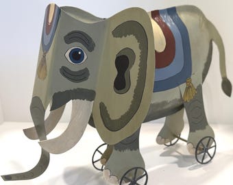 Signed Tin Elephant Folk Art Pull Toy – Circus Sculpture on Wheels