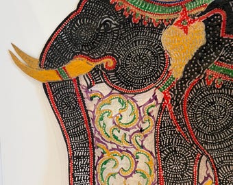 Hand-Pierced Thai Elephant Shadow Puppet Panel on semi-transparent cow hide.