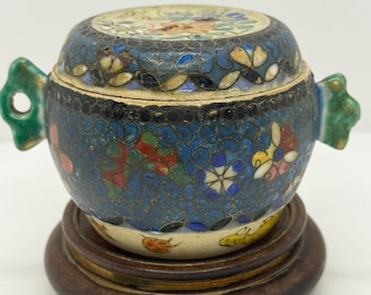 Vintage Chinese Cloisonné Jar | Blue Enamel Floral Butterfly Trinket Box