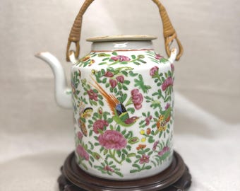 Vintage Chinese Famille Rose Porcelain Teapot with Bamboo Handle