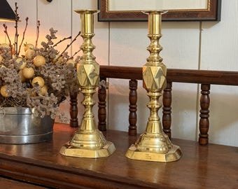 Antique English Brass Candlesticks – “The Diamond Princess” – Pair
