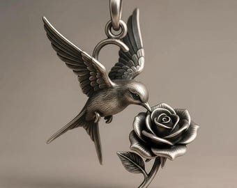 Pingente de beija-flor e rosa em prata, colar com pingente de flor e pássaro, olho verde.