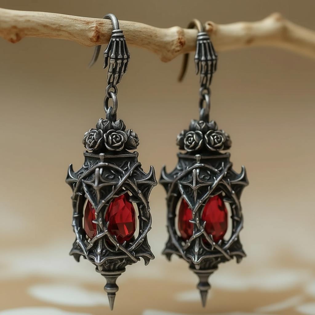 Halloween Gothic Red Crystal Lantern Earrings Silver Rose Cage Dangle Earrings