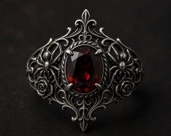 Anel de destaque em prata gótica com filigrana ornamentada em forma de rosa-aranha